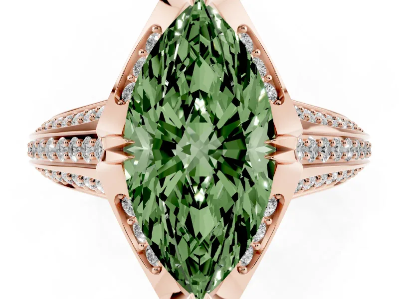 Marquise Hidden Halo Engagement Ring Setting for a Fancy Green Lab-Grown Diamond | Triple Row Pavé Band | Rose Gold