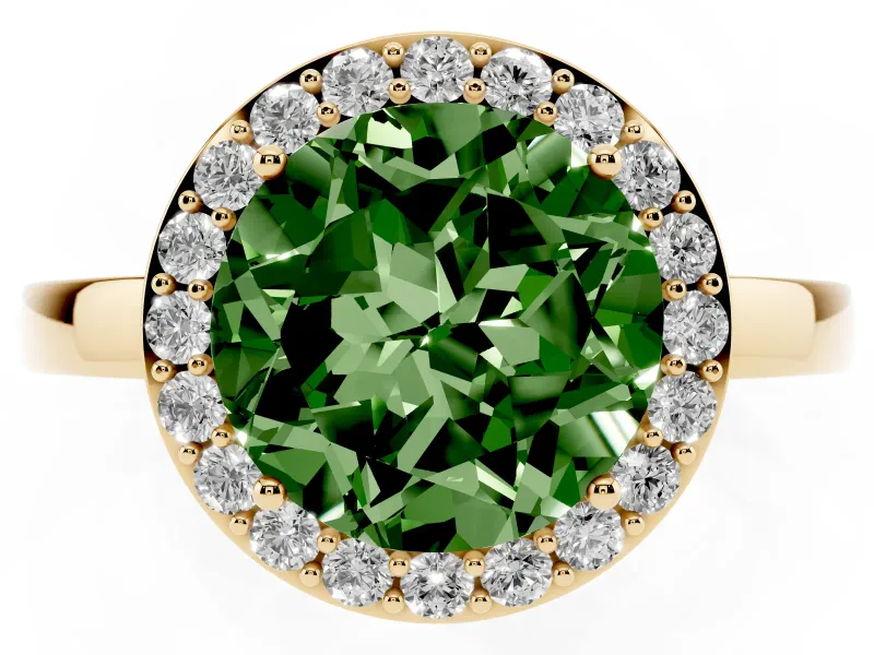 Round Thin Halo Low Profile Engagement Ring Setting for a Fancy Green Lab-Grown Diamond | Slim Plain Band | Yellow Gold