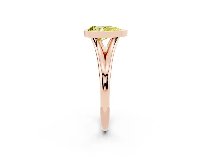 Fancy Yellow Bezel Set Pear Cut Diamond Solitaire Ring Set in Rose gold with Tapered Band