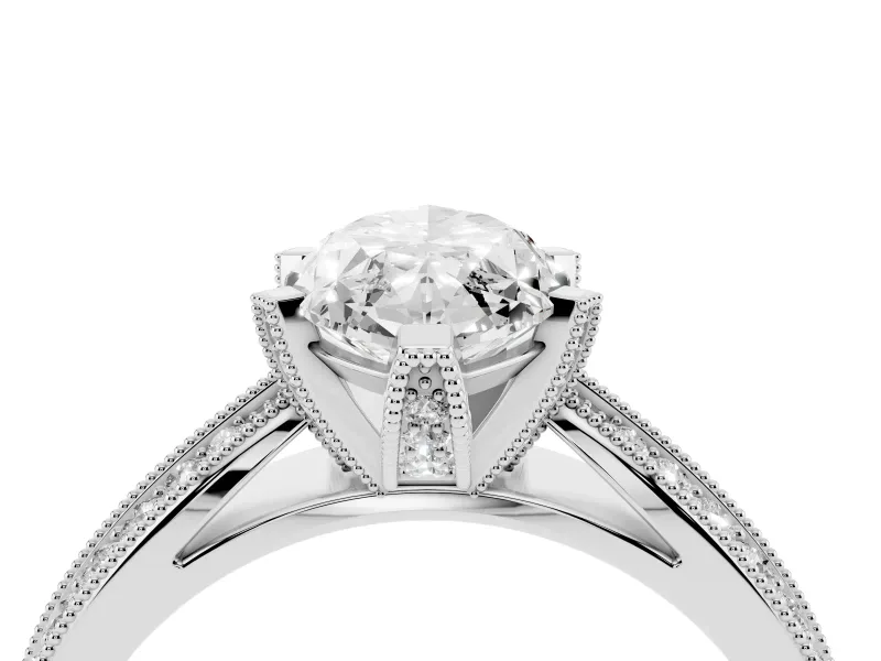 Marquise Cut Diamond Solitaire Ring Set in White gold with Milgrain Double Row Round Pavé Band