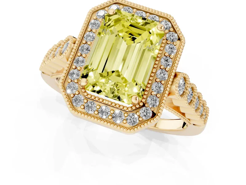 Emerald Cut Graduated Milgrain Halo Engagement Ring Setting for a Fancy Yellow Lab-Grown Diamond | Yellow Gold