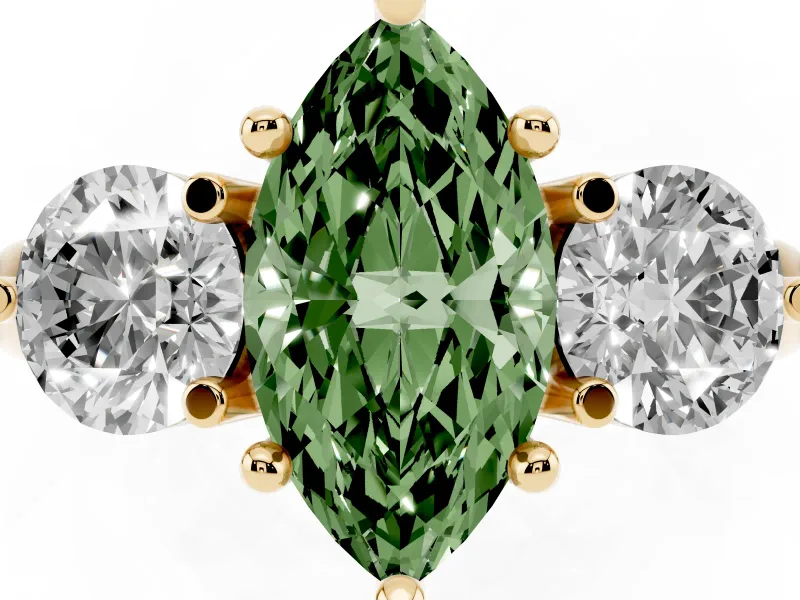 Fancy Green Marquise Cut Diamond Three-Stone Ring Set in Yellow gold with Prong Setting and Classic Band