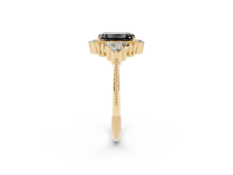 Emerald Cut Vintage Cluster Engagement Ring Setting for a Black Center | Beaded Edges | Yellow Gold