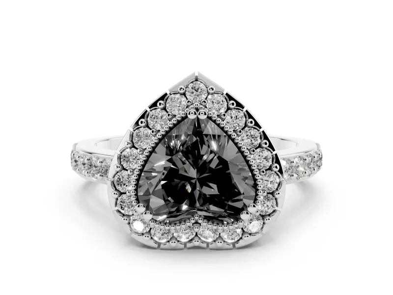 Fancy Black Heart Cut Diamond Halo Ring Set in White gold with Pavé Shank and Prong Setting