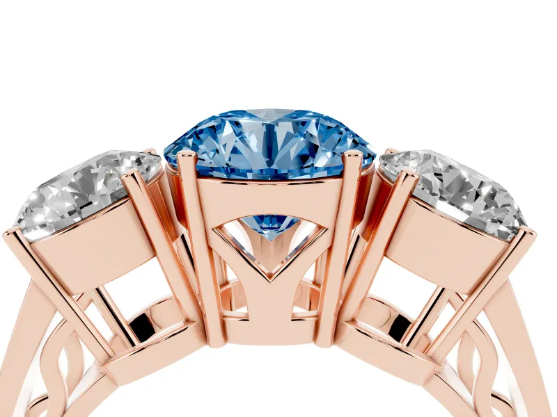 Round Engagement Ring Setting for a Fancy Blue Lab-Grown Diamond | Three Stone | Rose Gold