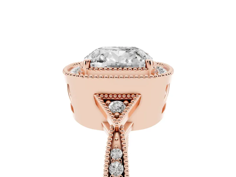 Cushion Cut Diamond Halo Engagement Ring Set in Rose gold with Milgrain Pavé Band