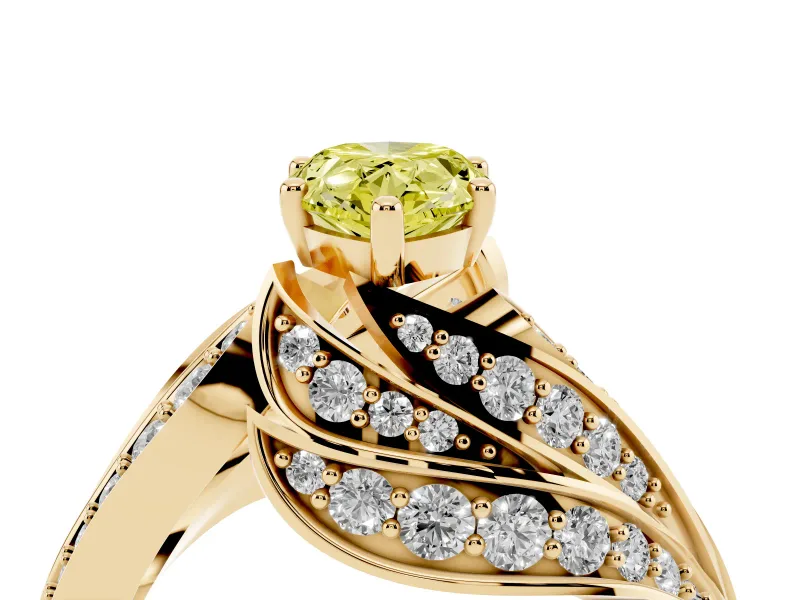 Fancy Yellow Pear Cut Diamond Solitaire Ring Set in Yellow gold with Layered Twist Pavé Band