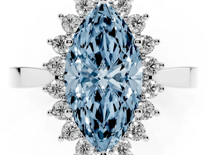 Fancy Blue Marquise Cut Diamond Halo Ring Set in Silver with Round Halo and Smooth Solitaire Band
