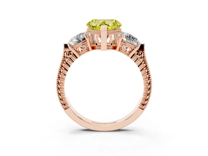 Fancy Yellow Heart Cut Diamond Three-Stone Ring Set in Rose gold with Milgrain Band