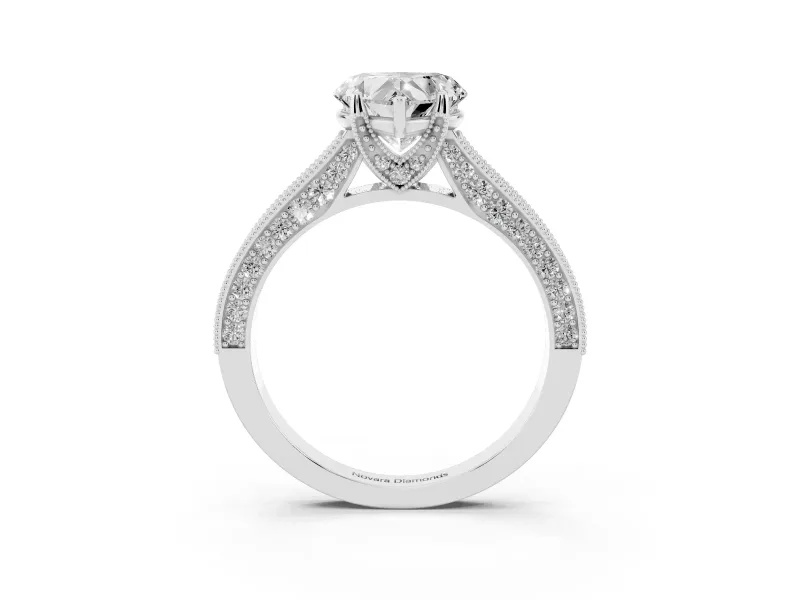 Heart-Shaped Vintage Hidden Halo Engagement Ring Setting | Milgrain Pave Band | White Gold