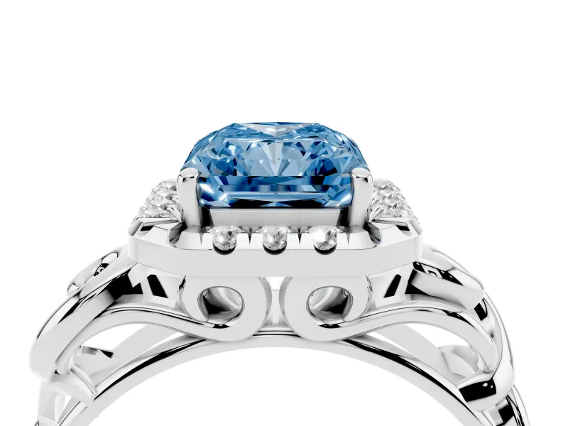 Fancy Blue Radiant Cut Diamond Halo Ring Set in Platinum with Scrollwork Band and Prong Setting