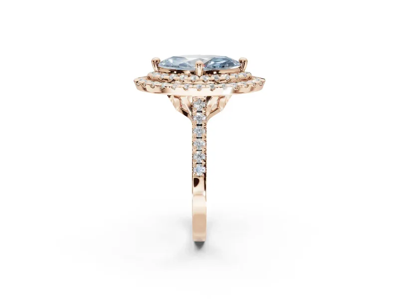 Fancy Blue Marquise Lab-Grown Diamond Double Halo Statement Ring Set in Rose Gold with Pavé Band