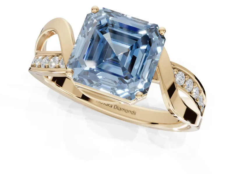Asscher Cut Bypass Solitaire Engagement Ring Setting for a Fancy Blue Lab-Grown Diamond | Pavé Strands | Yellow Gold