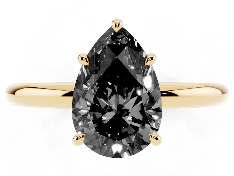 Fancy Black Pear Cut Diamond Solitaire Ring Set in Yellow gold with Thin Band and Prong Setting