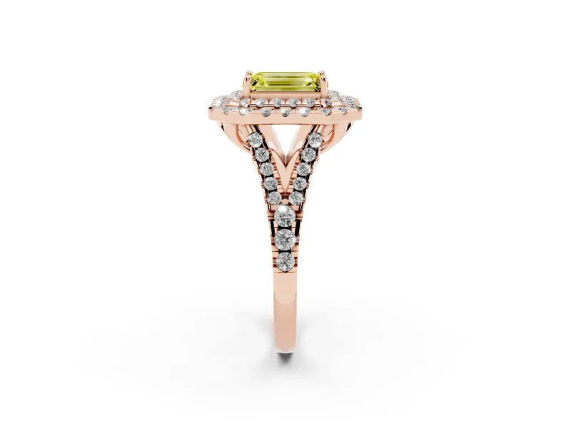 Emerald Cut Halo Split Shank Engagement Ring Setting for a Fancy Yellow Lab-Grown Diamond | Pavé Strands | Rose Gold