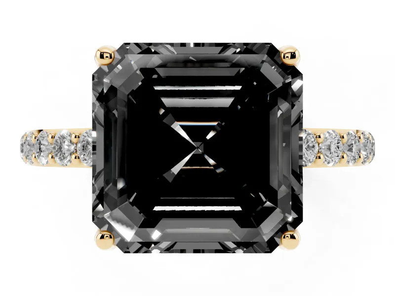Asscher Cut Pavé Solitaire Engagement Ring Setting for a Black Center | Slim Band | Yellow Gold
