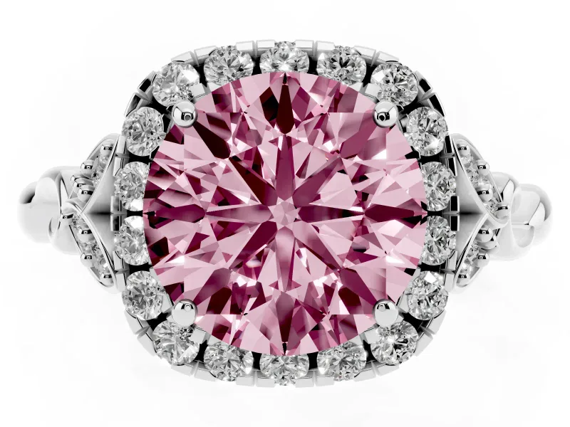 Round Halo Engagement Ring Setting for a Fancy Pink Lab-Grown Diamond | Leaf Shoulders | Platinum