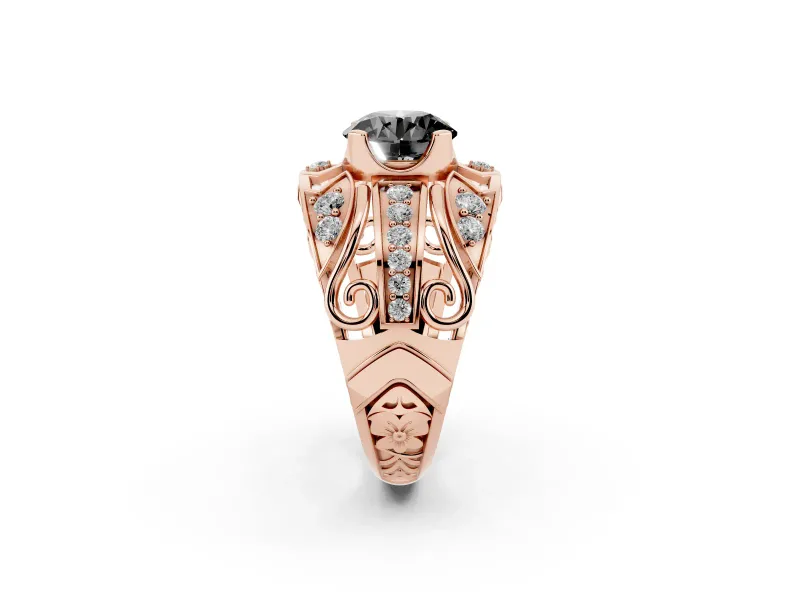 Round Art Deco Graduated Pavé Engagement Ring Setting for a Black Center | Split Shank | Rose Gold