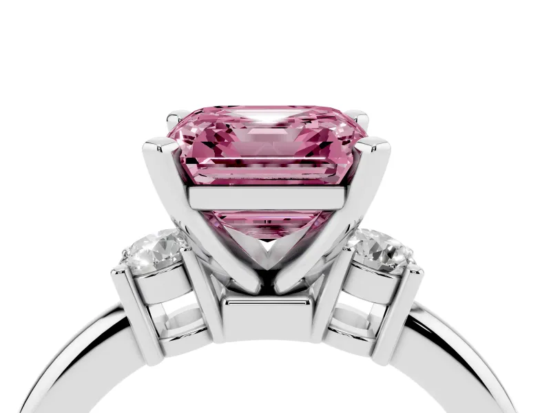 Fancy Pink Three-Stone Asscher Cut Diamond Ring Set in Platinum with Prong Setting and Plain Band