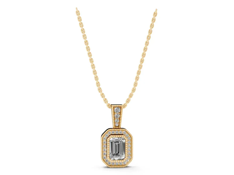 Emerald Cut Lab-Grown Diamond Pavé Halo Pendant Necklace | Graduated Pavé Bail | Yellow Gold
