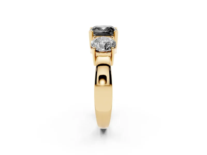 Cushion Cut Three Stone Engagement Ring Setting for a Black Center | Round Side Stones | Yellow Gold