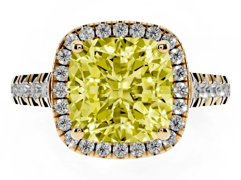 Cushion Cut Accented Halo Engagement Ring Setting for a Fancy Yellow Lab-Grown Diamond | Yellow Gold
