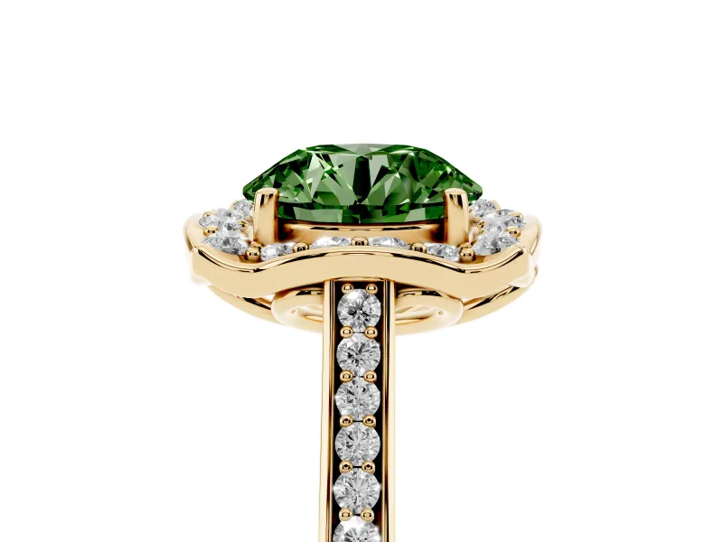Round Halo Engagement Ring Setting for a Fancy Green Lab-Grown Diamond | Petal Tips | Yellow Gold