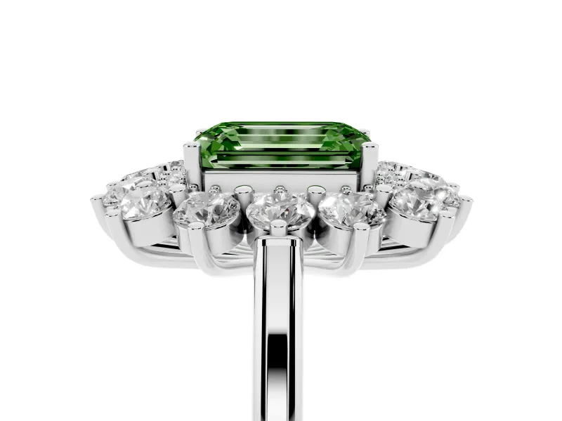 Emerald Cut Floral Halo Engagement Ring Setting for a Fancy Green Lab-Grown Diamond | Plain Band | Sterling Silver