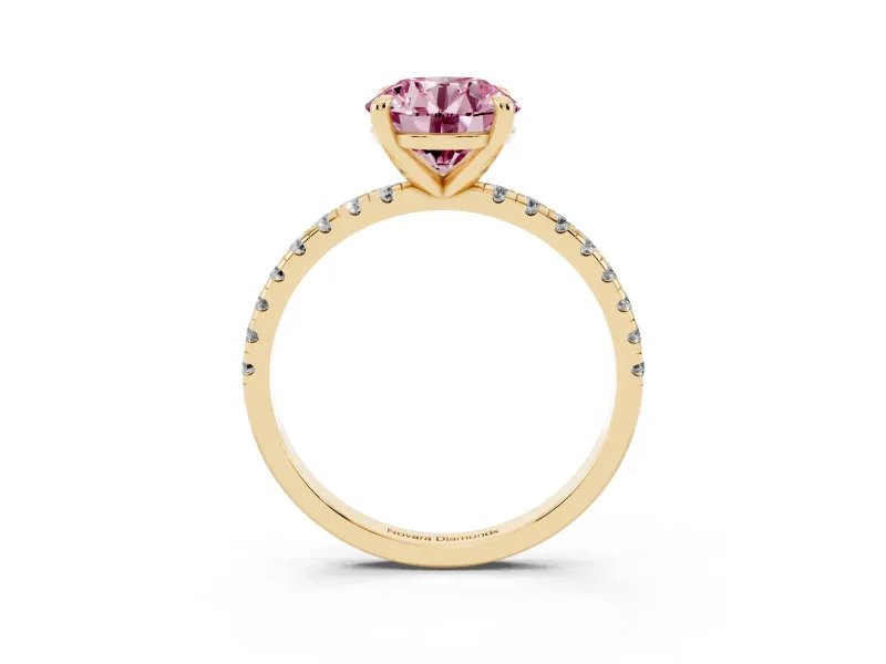 Fancy Pink Round Cut Diamond Brilliant Solitaire Ring Set in Yellow gold with Pavé Band and Prong Setting