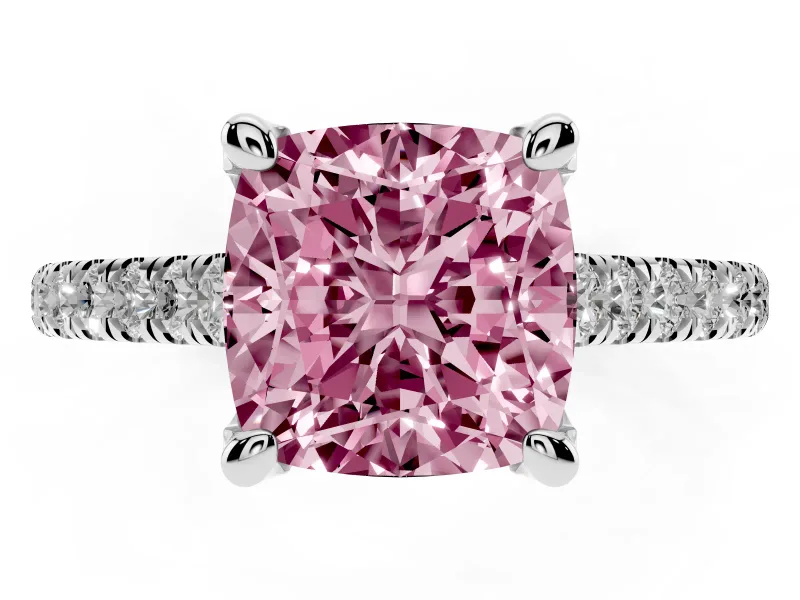 Cushion Cut Hidden Halo Pave Engagement Ring Setting for a Fancy Pink Lab-Grown Diamond | Claw Prongs | White Gold