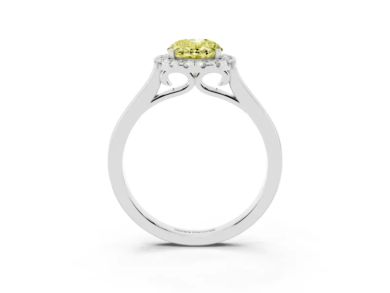 Fancy Yellow Oval Cut Halo Round Diamond Solitaire Ring Set in Platinum with Pavé Band and Prong Setting