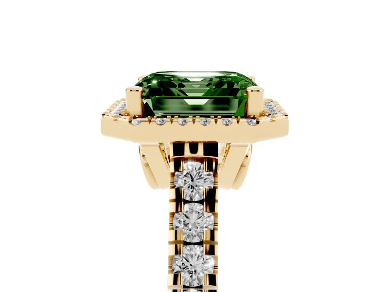 Asscher Cut Accented Halo Engagement Ring Setting for a Fancy Green Lab-Grown Diamond | Yellow Gold
