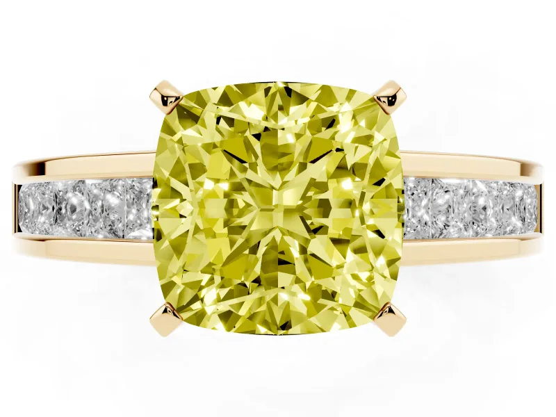 Fancy Yellow Cushion Cut Diamond Solitaire Ring Set in Yellow gold with Channel-Set Band and Prong Setting