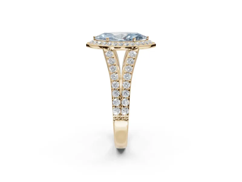 Marquise Halo Pavé Engagement Ring Setting for a Fancy Blue Lab-Grown Diamond | Narrow Split Shank | Yellow Gold