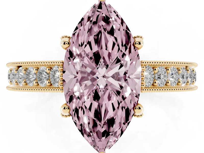 Marquise Hidden Halo Engagement Ring Setting for a Fancy Pink Lab-Grown Diamond | Milgrain Pave | Yellow Gold
