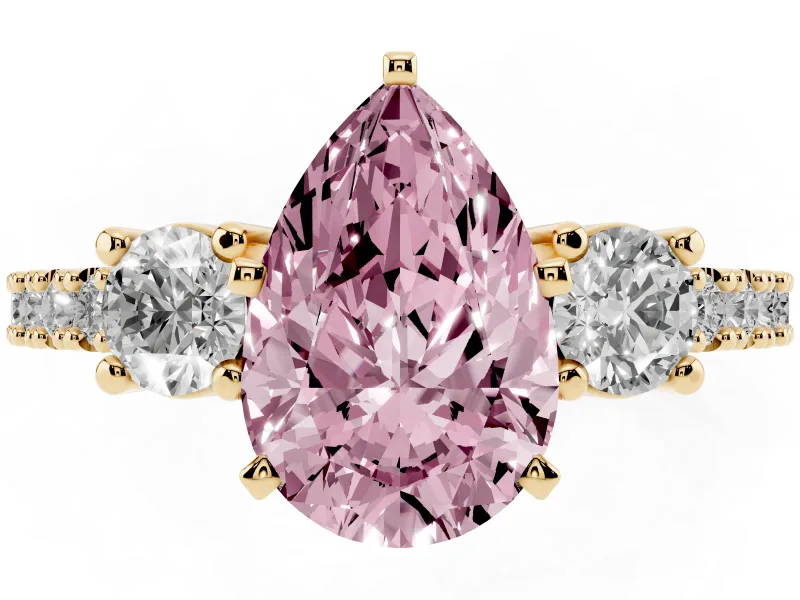 Fancy Pink Three-Stone Pear Cut Diamond Pavé Band Ring Set in Yellow gold with Prong Setting