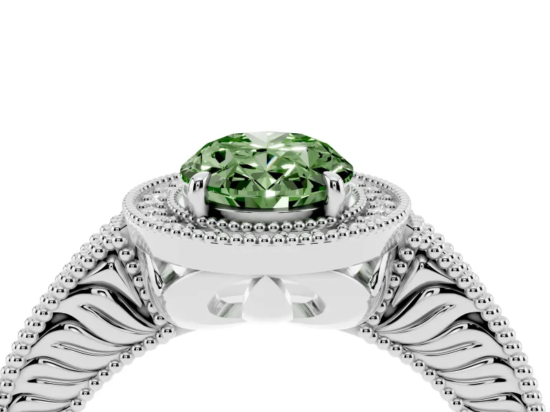 Fancy Green Oval Cut Diamond Halo Ring Set in Silver with Round Accent Halo, Pavé Band and Prong Setting