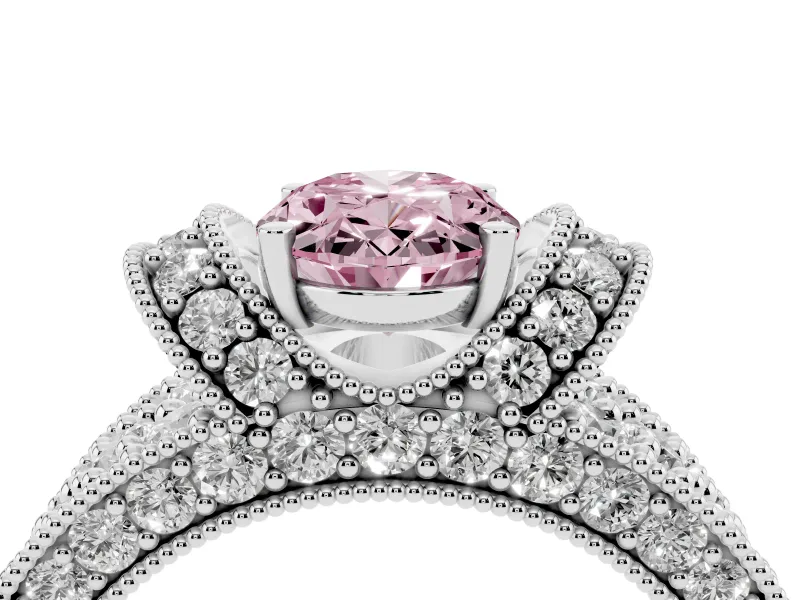 Oval Vintage Milgrain Pave Engagement Ring Setting for a Fancy Pink Lab-Grown Diamond | Crescent Side Rows | White Gold