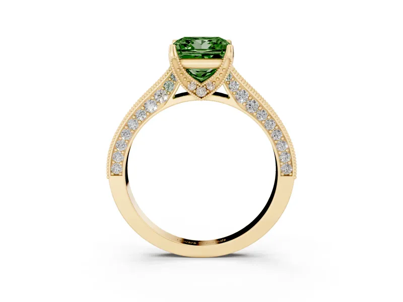Princess Cut Hidden Halo Engagement Ring Setting for a Fancy Green Lab-Grown Diamond | Milgrain Pave | Yellow Gold
