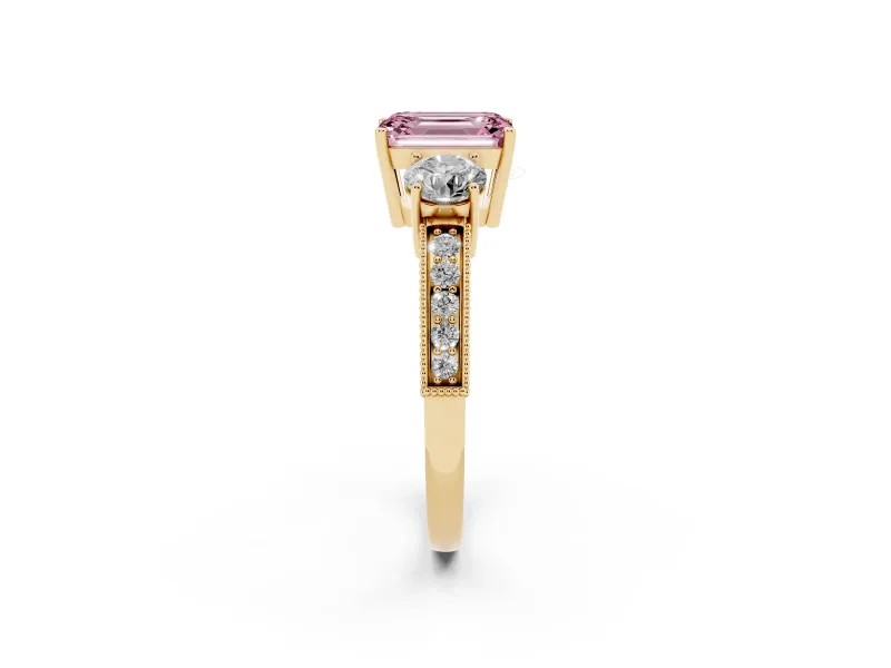 Fancy Pink Emerald Cut Diamond Three-Stone Ring Set in Yellow gold with Round Side Stones and Pavé Band