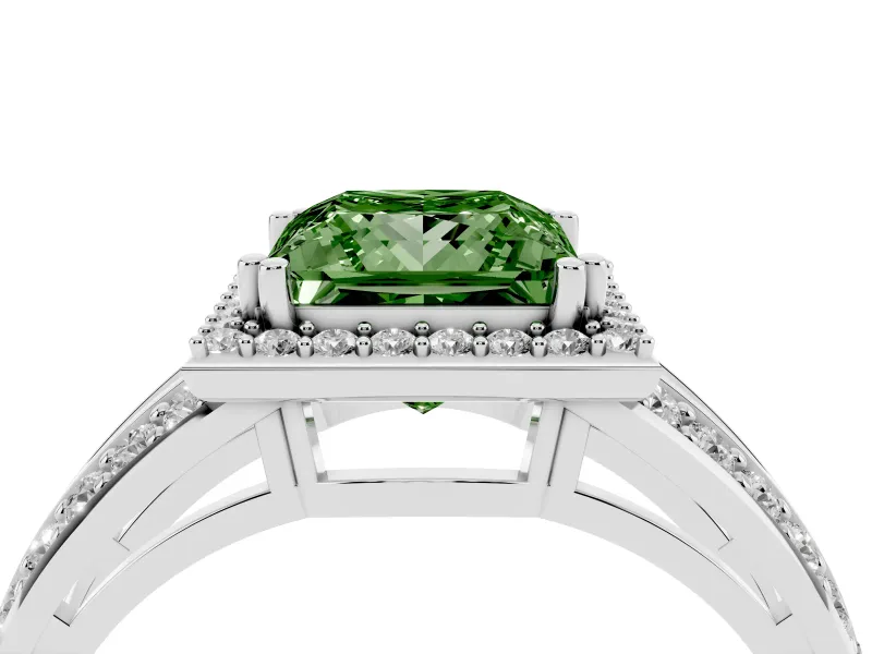 Princess Cut Halo Engagement Ring Setting for a Fancy Green Lab-Grown Diamond | Two-Row Pave Split Shank | White Gold