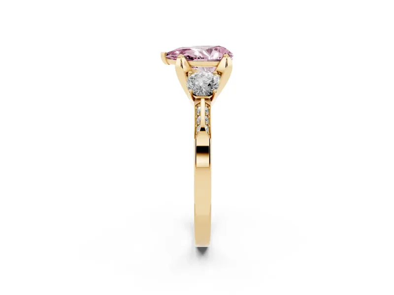 Pear-Shaped Hidden Halo Three Stone Engagement Ring Setting for a Fancy Pink Lab-Grown Diamond | Yellow Gold
