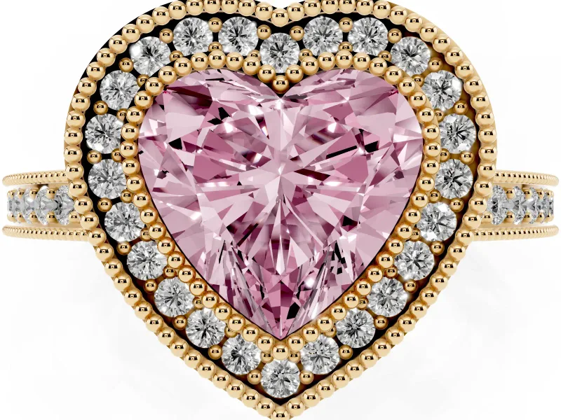 Heart-Shaped Double Milgrain Halo Engagement Ring Setting for a Fancy Pink Lab-Grown Diamond | Pave Band | Yellow Gold