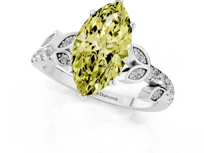 Fancy Yellow Marquise Cut Diamond Solitaire Leaf-Inspired Ring Set in Platinum with Pavé Band and Prong Setting