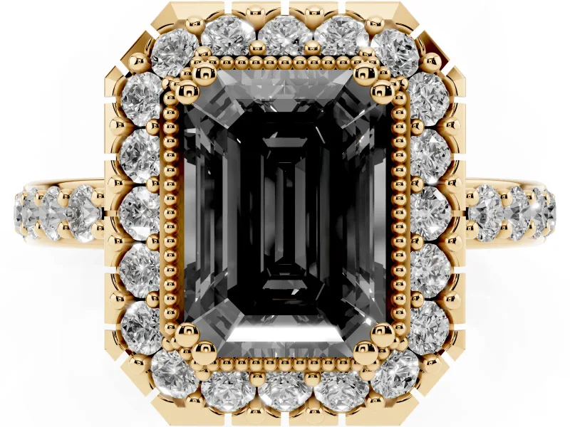 Emerald Cut Milgrain Halo Engagement Ring Setting for a Black Center | Pavé Shoulders | Yellow Gold