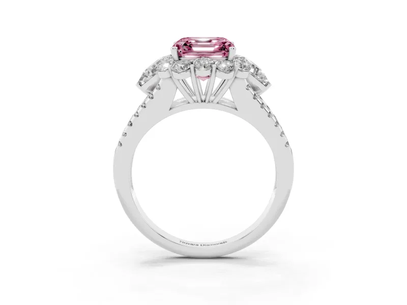 Fancy Pink Asscher Cut Diamond Halo Split Shank Engagement Ring Set in White gold with Prong-Held Center Stone