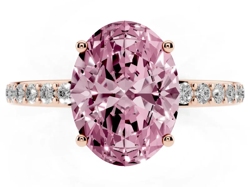 Fancy Pink Oval Cut Diamond Pavé Band Ring Set in Rose gold with Prong-Set Center Stone