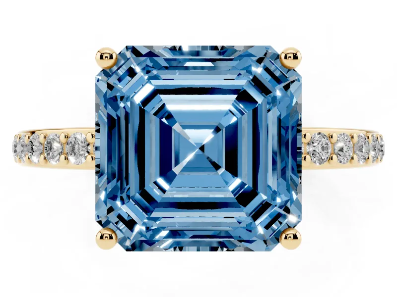 Fancy Blue Asscher Cut Diamond Pavé Band Ring Set in Yellow gold with Prong-Set Center Stone