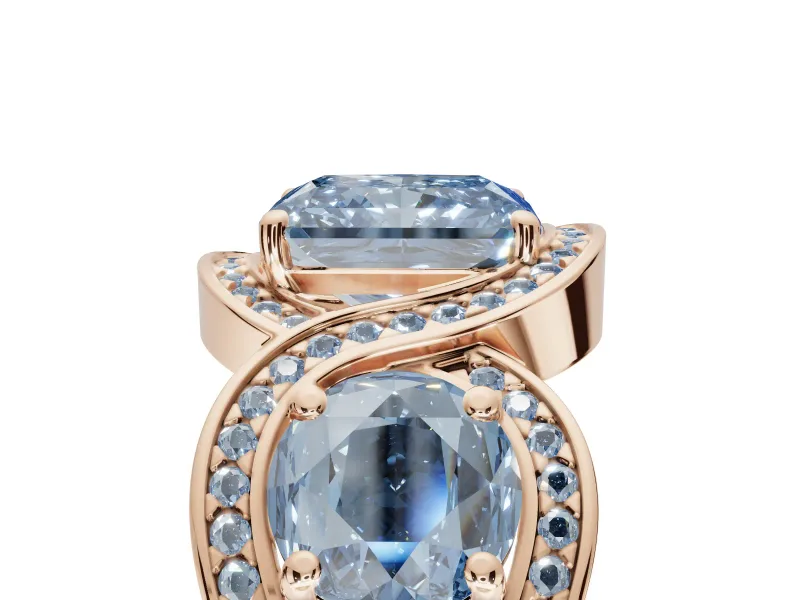 Radiant Cut Three Stone Halo Engagement Ring Setting for a Fancy Blue Lab-Grown Diamond | Pavé Wave Band | Rose Gold