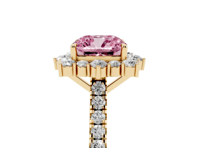 Cushion Cut Scalloped Halo Engagement Ring Setting for a Fancy Pink Lab-Grown Diamond | Single Row Pave | Yellow Gold